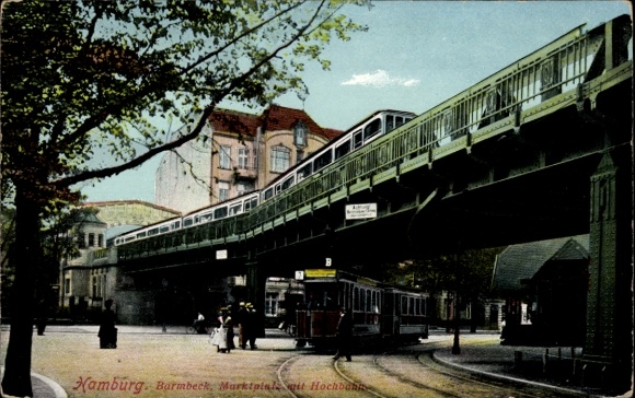 Postcard Hamburg Nord Barmbek, market square with elevated railway, tram