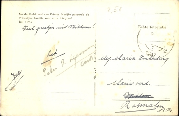 Postcard Queen Juliana of the Netherlands, Prince Bernhard, Princesses Beatrix, Irene, Margriet, Christina