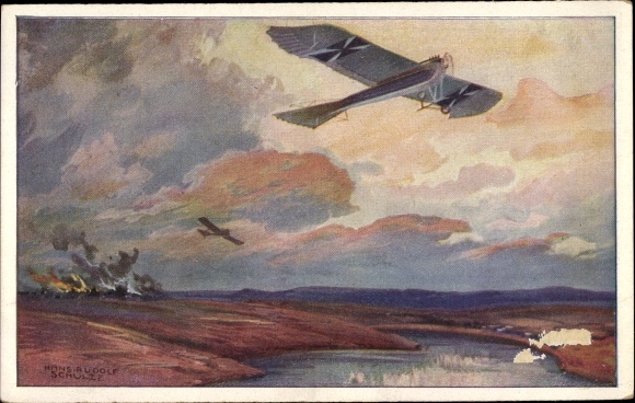 Artist PC Schulze, Hans Rudolf, military pigeon on reconnaissance flight at the Masurian lakes, I. WW