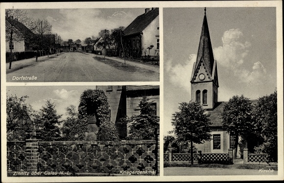 Ak Zinnitz Calau in Neder-Lausitz, Dorfstrasse, oorlogsmonument, kerk