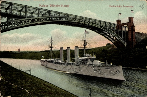 Postcard Kiel, Kaiser Wilhelm Canal, Levensau Bridge, Warship, Imperial Navy