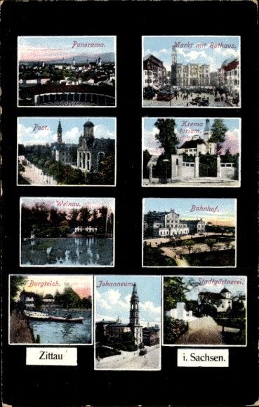 PC Zittau in Upper Lusatia, panorama, post office, market with town hall, crematorium, train station, Johanneum
