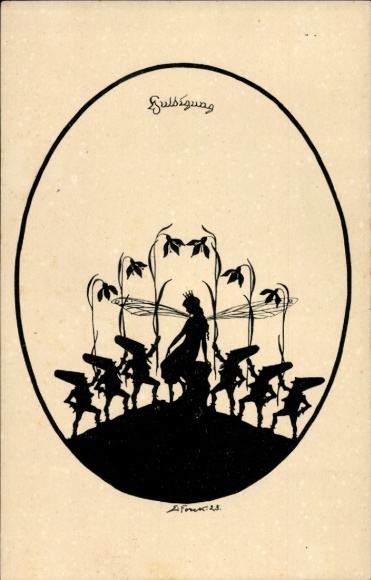 Paper cutting artist Postcard Forck, E., dwarves, fairy, flowers