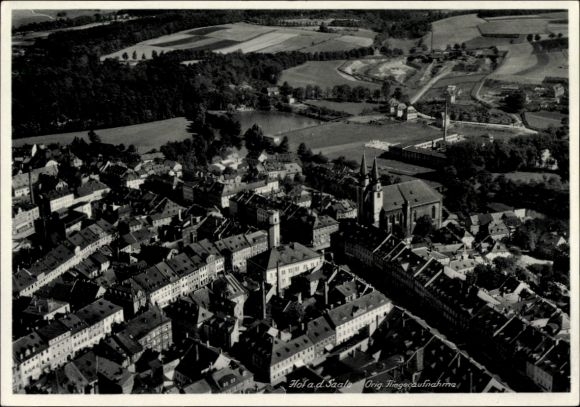 Postcard Hof an der Saale Upper Franconia Bavaria, aerial photograph, Hotel Strauß