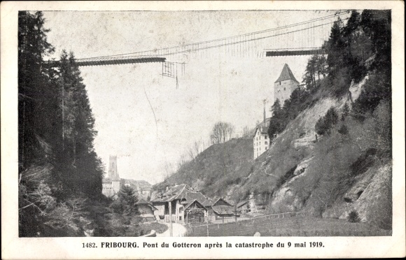 Postcard Friborg Freiburg City Switzerland, Pont du Gotteron apres la catastrophe 1919, collapsed bridge