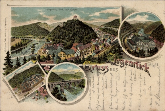 Chromo-Litho Ziegenrück am Schiefergebirge Thüringen, Krausse's Hotel and Pension, Saalebrücke