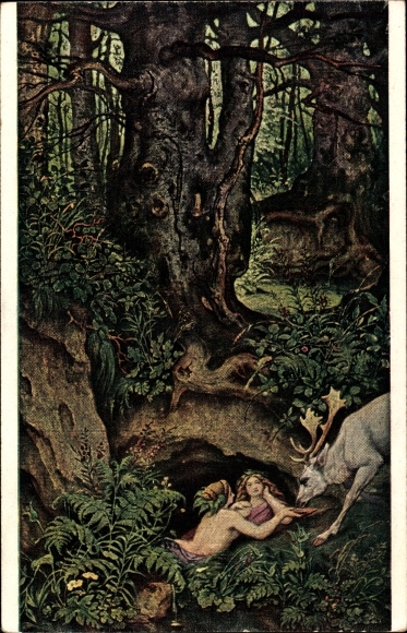 Artist PC Schwind, Moritz von, mermaids, deer watering, Ackermann series 213b no. 2173
