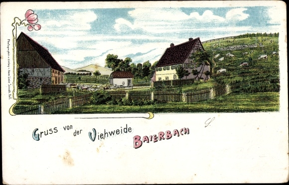 Chromo-Litho Bayerbach am Simsee Baierbach Stephanskirchen Upper Bavaria ?, greetings from the cattle pasture