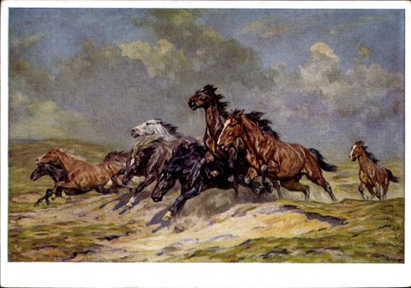 Künstler Ak Roloff, Alfred, HDK 153, Flüchtende Pferde