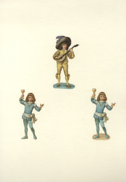 3 opłatki dzieci w strojach średniowiecznych, każdy ok. 8 x 4 cm