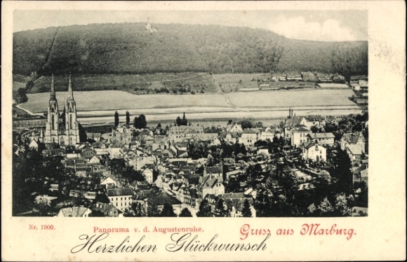 Postcard Marburg an der Lahn, panorama from the Augustenruhe, city view, two towers, landscape