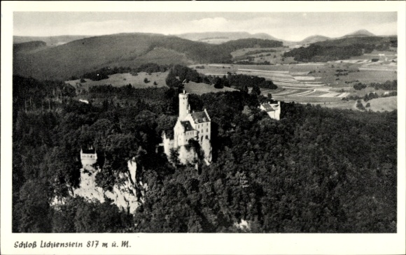 Lichtenstein Castle in Württemberg, 817 m above sea level, panoramic view, idyllic landscape