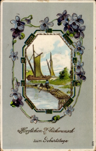 Postcard birthday greetings, sailboats, forget-me-nots