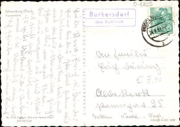 KP krajowy stempel pocztowy Turyngia, Burkersdorf o Rudolstadt, 1961