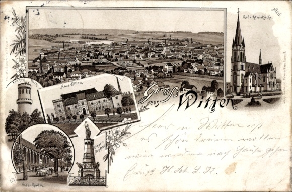Litho Witten an der Ruhr, Kriegerdenkmal, Gedächtniskirche, Haus Witten, Garten, Totalansicht