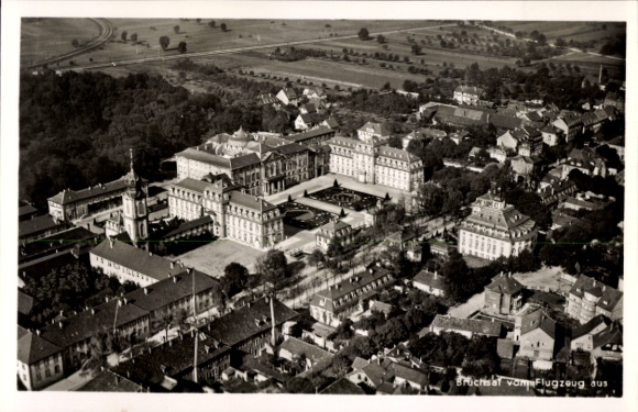 Postcard Bruchsal in Kraichgau, aerial photograph of the castle