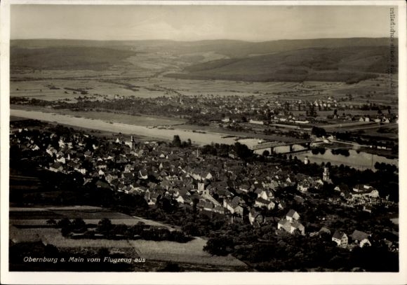 Postcard Obernburg am Main Lower Franconia, aerial view of Obernburg, airplane view, Main River
