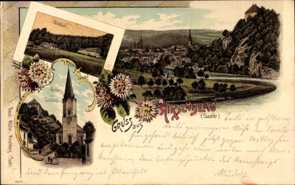 Chromo-Litho Hirschberg an der Saale, Waldlust, church, castle
