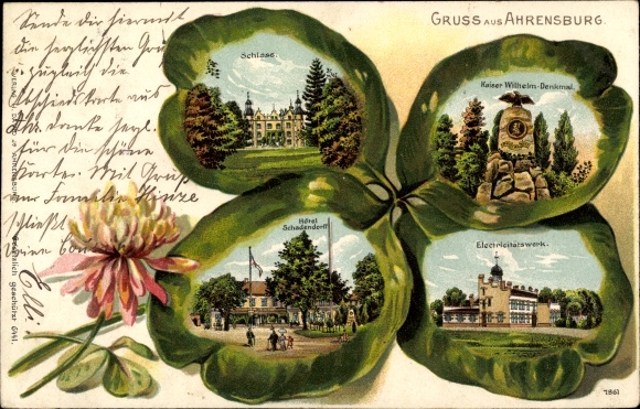 Embossed cloverleaf Chromo-Litho Ahrensburg in the district of Stormarn, Castle, Hotel Schadendorff, electricity plant