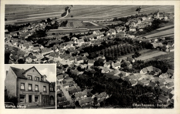 Postcard Oberhausen Rheinhausen am Rhein Baden, aerial photograph, Kaffee Meyer