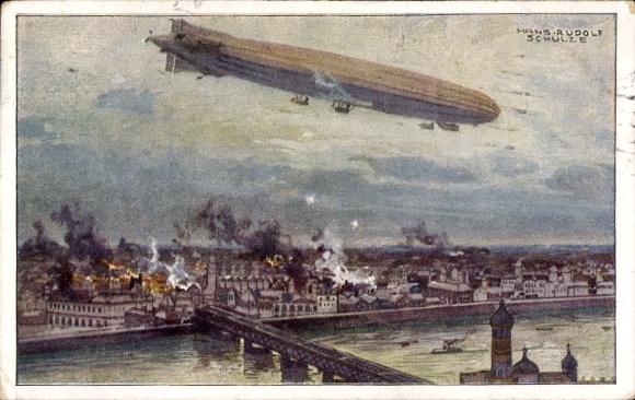 Artist Postcard Schulze, Hans Rudolf, Zeppelin, airship Schütte Lanz, bombing Warsaw, I. WK