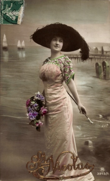 PC Congratulations Saint Nicholas, woman portrait, hat with feathers