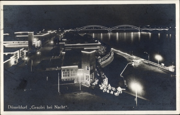 Ansichtkaart Düsseldorf am Rhein, grote tentoonstelling GeSoLei 1926, bij nacht, brug