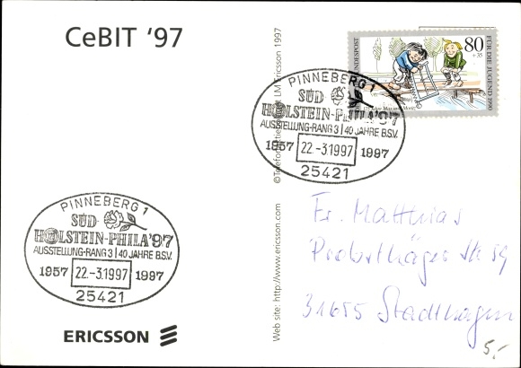 PC Hanover in Lower Saxony, Cebit 1997, chess board, stamp South Holstein Phila