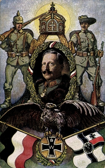 Artist Postcard Kaiser Wilhelm II, colonial war thanks, soldiers, flags, eagle