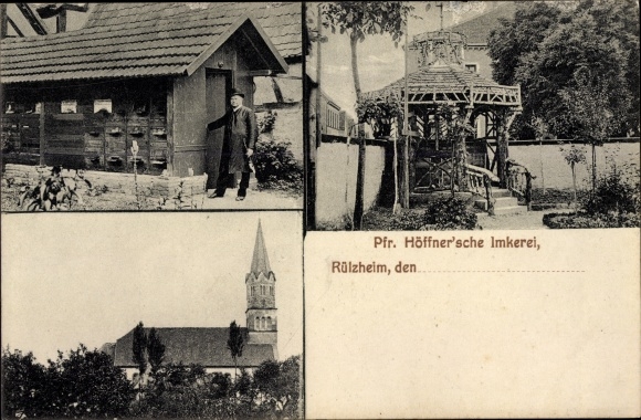 Ak Rülzheim in der Pfalz, Pfr. Höffner'sche Imkerei, Kirche