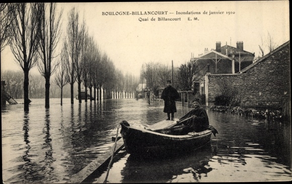 Postcard Boulogne Billancourt Hauts de Seine, Flood 1910, Quai de Billancourt, Hochwasser, Boot