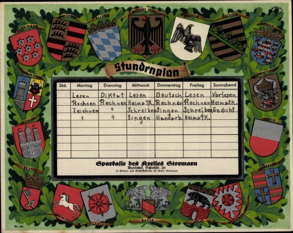 Timetable Kreissparkasse Stormarn in Hamburg Wandsbek - coat of arms Hamburg Schleswig-Holstein around 1930
