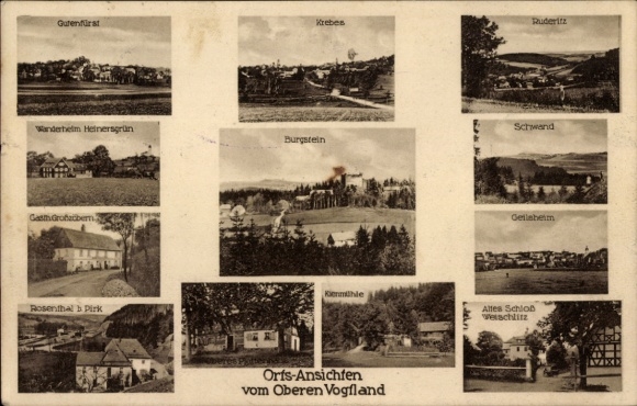 Postcard Gutenfürst Burgstein Weischlitz, town views Krebes, Gasthof Großzöbern