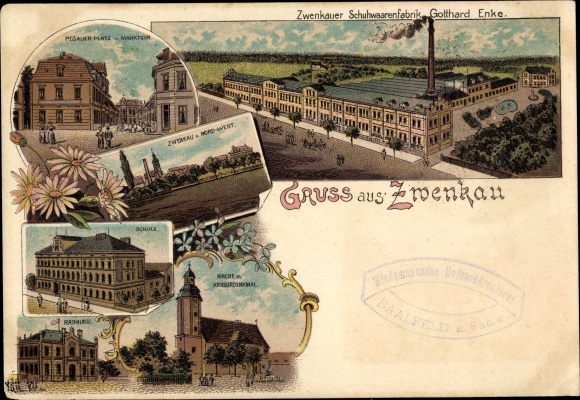Chromo-Litho Zwenkau in Saxony, Gotthard Enke shoe factory, school, church, war memorial, Pegauer Platz