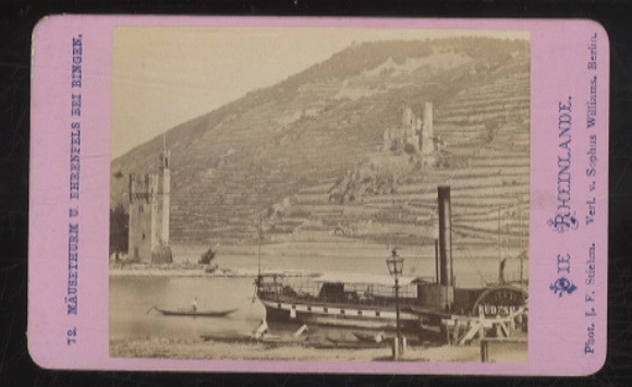 CdV Photo Bingen and surroundings, Mäuseturn and Ehrenfels, paddle steamer on the Rhine