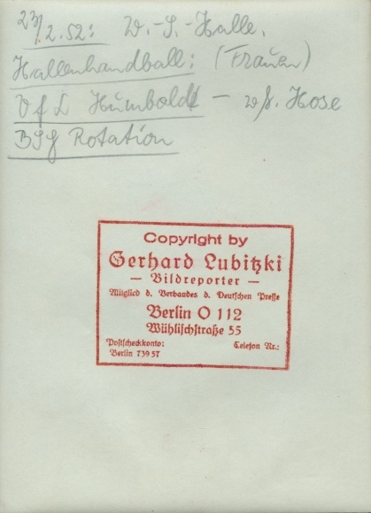 Photo Berlin Prenzlauer Berg, indoor handball, Humboldt versus rotation, February 23, 1952, Seelenbinder Halle