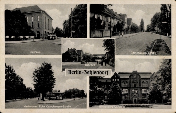 Postcard Berlin Zehlendorf, Town Hall, Train Station, Camphausenstraße, Machnower Straße, Hindenburg Hospital