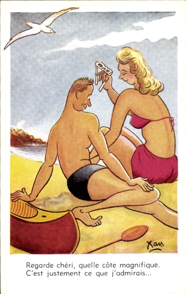 Kunstenaar Ak Man en vrouw op het strand, Kijk lief, de prachtige kust