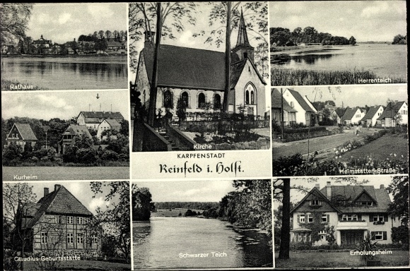 Postcard Reinfeld in Holstein, Herrenteich, town hall, sanatorium, church, Schwarzer Teich, convalescent home