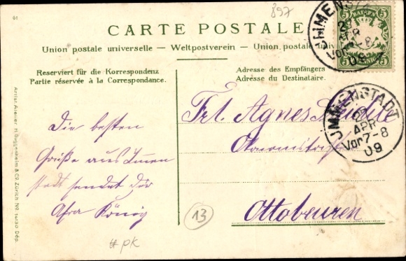 Embossed Passepartout Postcard Immenstadt im Allgäu Swabia, general view, flowers, edelweiss, gentian