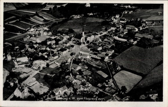 Postcard Freyung in the Bavarian Forest, bird's eye view of the townscape, agricultural areas