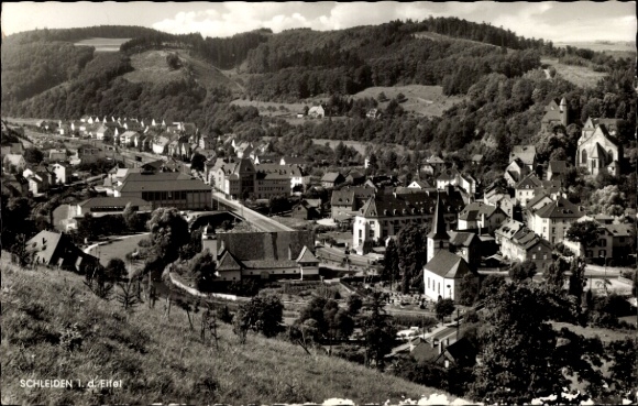 Postcard Schleiden in the Eifel, panoramic view of Eifel, landscape with houses and mountains