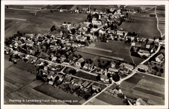Postcard Landsberg am Lech Upper Bavaria, aerial photograph of Thaining, 1938, houses, fields, streets