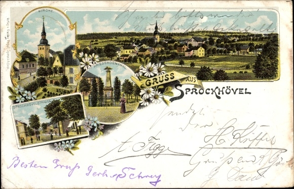 Chromo-Litho Sprockhövel in the Ruhr area, church, Sprockhövelstraße, war memorial, panorama