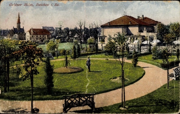 Ak Zwickau in Sachsen, Etablissement Goldener Helm, Grünanlage