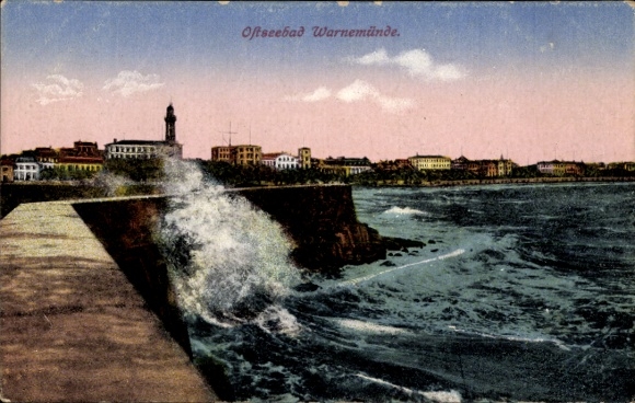 Postcard Ostseebad Warnemünde Rostock, view of the coast, waves at sea, lighthouse, colored background