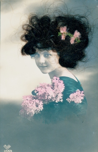 Real hair Postcard woman portrait, floral decoration