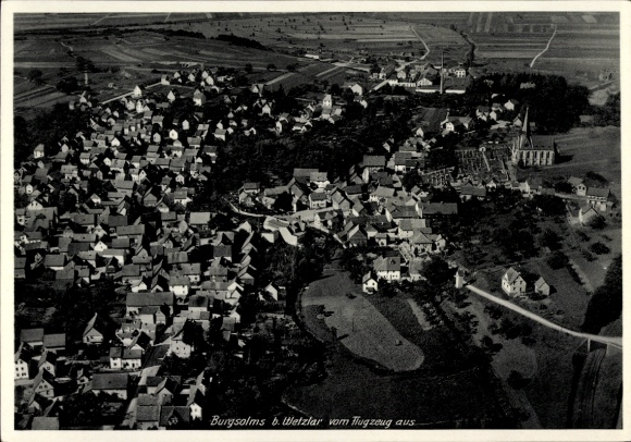 Postcard Burgsolms Solms in Hesse, aerial view of Burgsolms, residential buildings, church