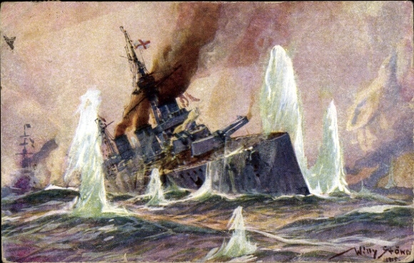 Artist Postcard Stöwer, Willy, Naval Battle North Sea 1915, English Battlecruiser, German Cruisers