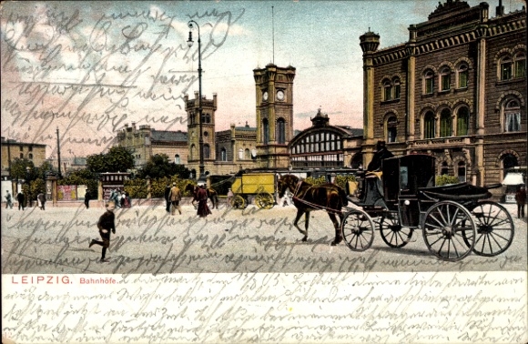 Litho Leipzig in Sachsen, Kutsche am Bahnhof